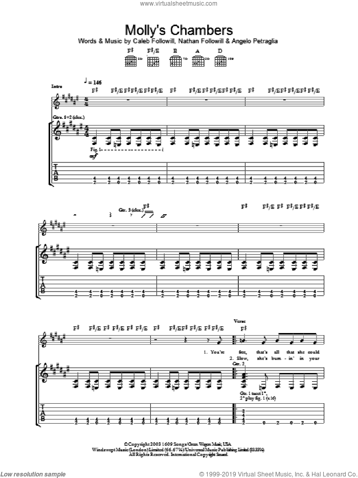Molly's Chambers sheet music for guitar (tablature) by Kings Of Leon, Angelo Petraglia, Caleb Followill and Nathan Followill, intermediate skill level