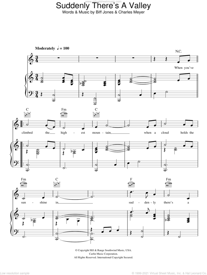 Suddenly There's A Valley sheet music for voice, piano or guitar by Lee Lawrence, Biff Jones and Charles Meyer, intermediate skill level