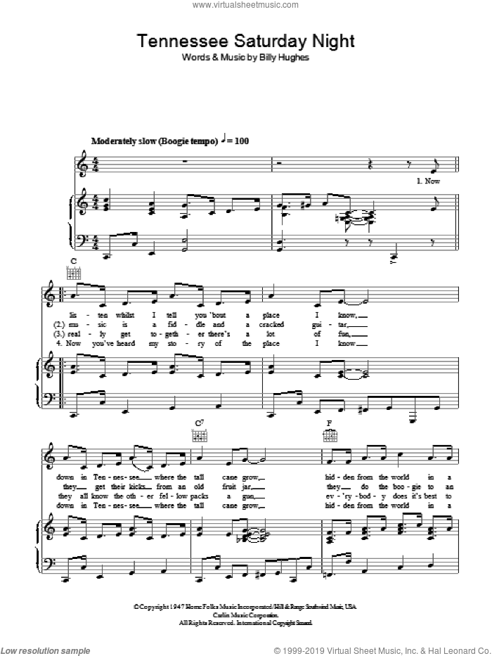 Tennessee Saturday Night sheet music for voice, piano or guitar by Pat Boone and Billy Hughes, intermediate skill level