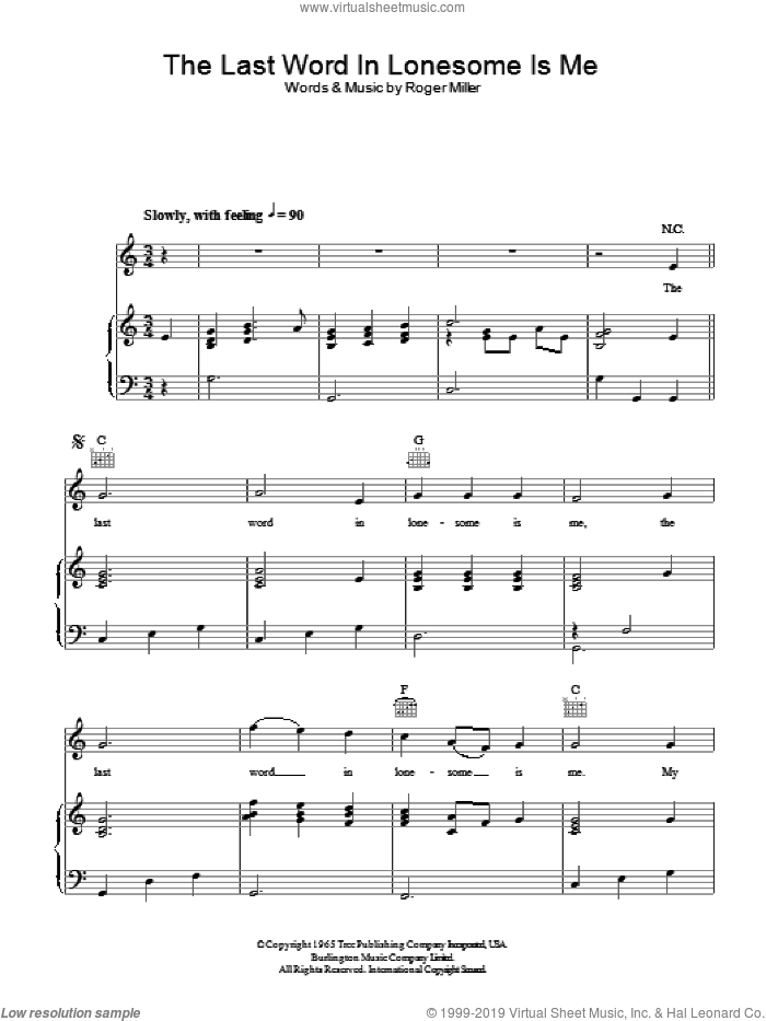 The Last Word In Lonesome Is Me sheet music for voice, piano or guitar by Roger Miller, intermediate skill level