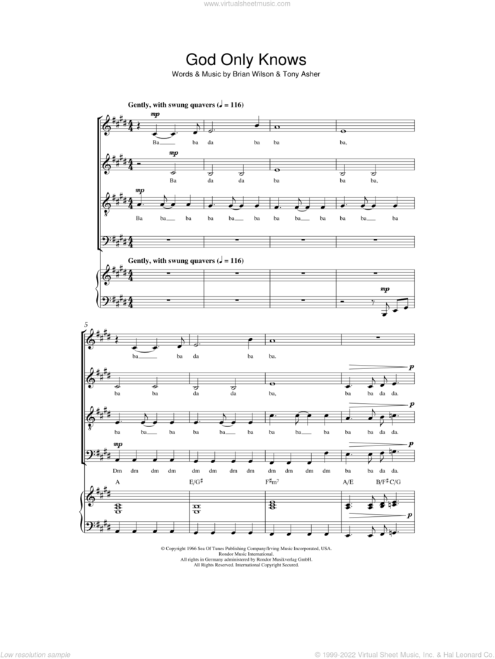 God Only Knows sheet music for choir (SATB: soprano, alto, tenor, bass) by The Beach Boys, Brian Wilson and Tony Asher, intermediate skill level