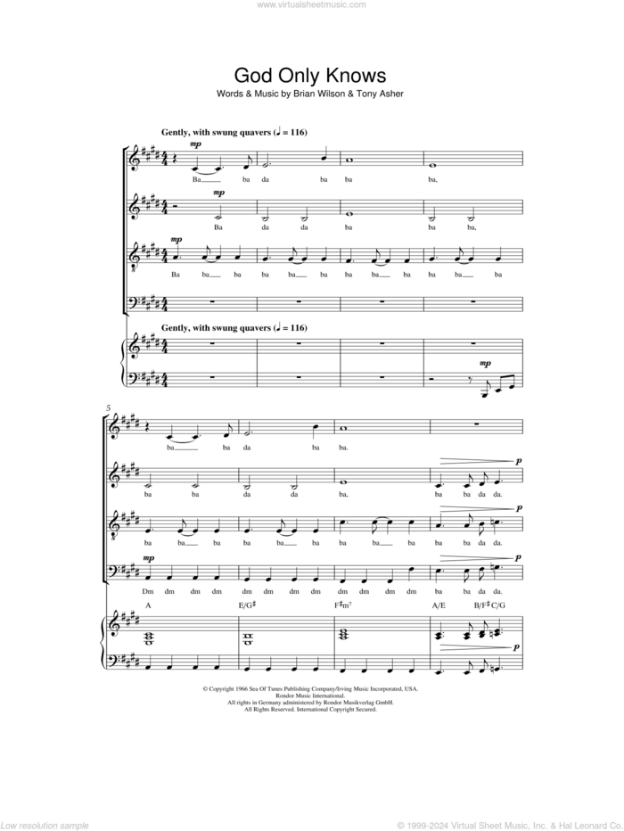 God Only Knows sheet music for choir (SATB: soprano, alto, tenor, bass) by The Beach Boys, Brian Wilson and Tony Asher, intermediate skill level