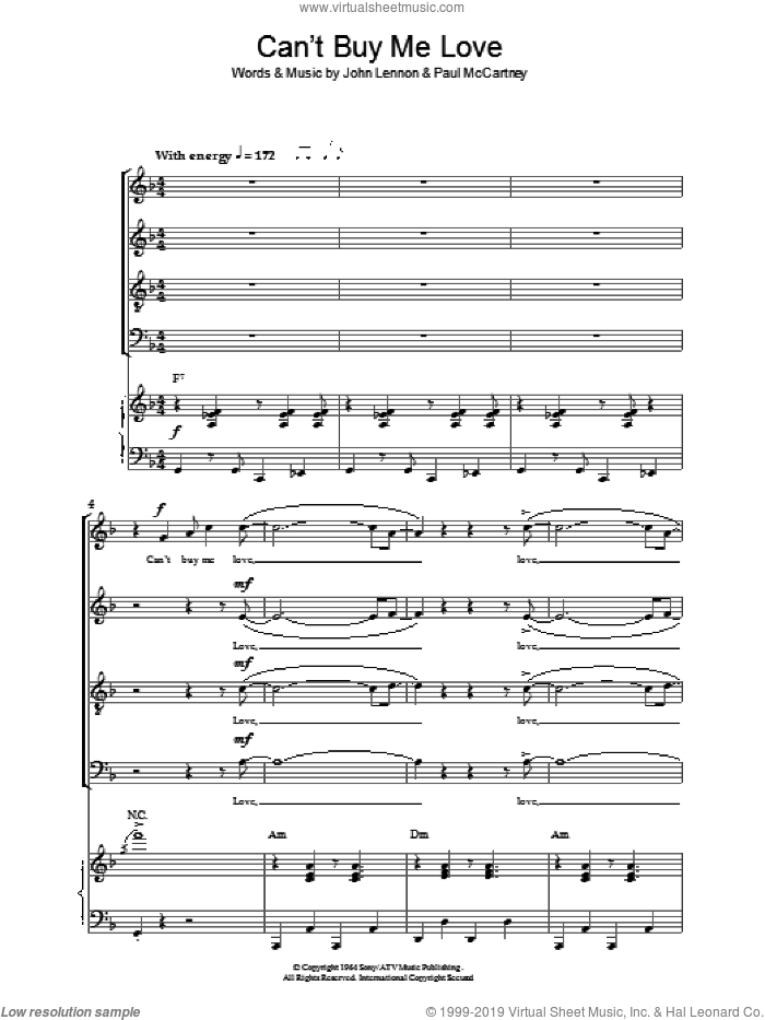Can't Buy Me Love sheet music for choir (SATB: soprano, alto, tenor, bass) by The Beatles, John Lennon and Paul McCartney, intermediate skill level