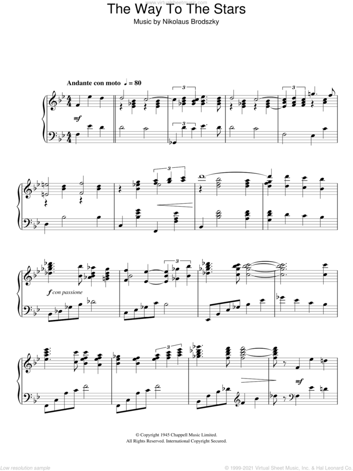 The Way To The Stars sheet music for piano solo by Nicholas Brodszky, intermediate skill level