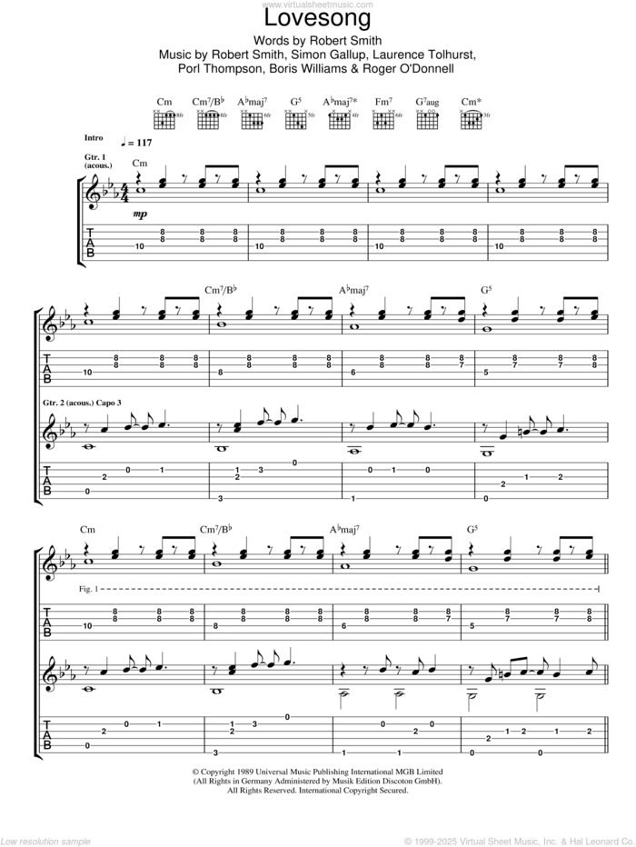 Lovesong sheet music for guitar (tablature) by Adele, The Cure, Boris Williams, Laurence Tolhurst, Porl Thompson, Robert Smith and Simon Gallup, intermediate skill level