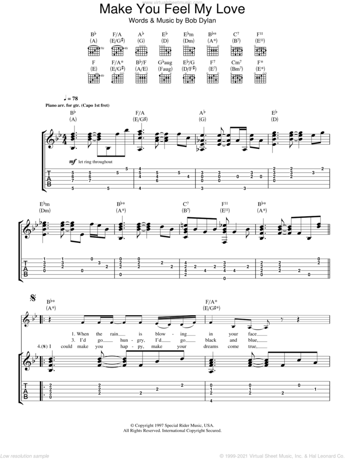 Make You Feel My Love sheet music for guitar (tablature) by Adele and Bob Dylan, intermediate skill level