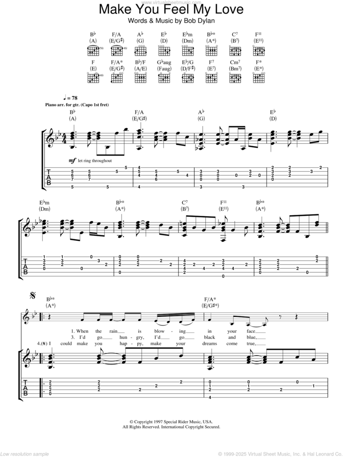 Make You Feel My Love sheet music for guitar (tablature) by Adele and Bob Dylan, intermediate skill level