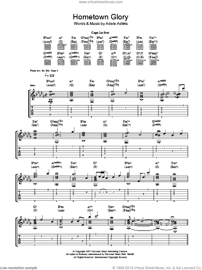 Hometown Glory sheet music for guitar (tablature) by Adele and Adele Adkins, intermediate skill level