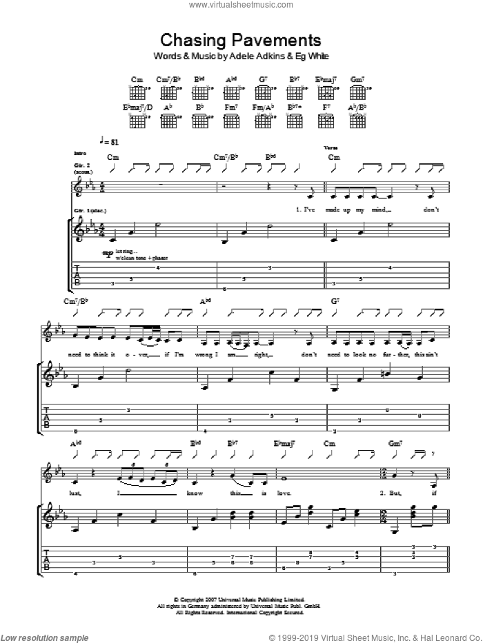 Chasing Pavements sheet music for guitar (tablature) by Adele, Adele Adkins and Eg White, intermediate skill level