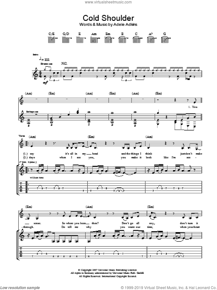 Cold Shoulder sheet music for guitar (tablature) by Adele and Adele Adkins, intermediate skill level