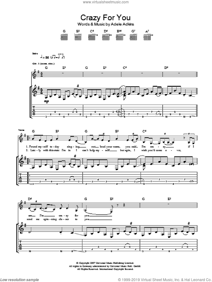Crazy For You sheet music for guitar (tablature) by Adele and Adele Adkins, intermediate skill level