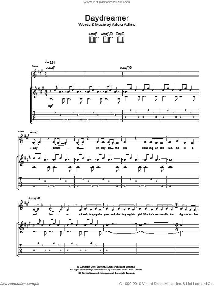 Daydreamer sheet music for guitar (tablature) by Adele and Adele Adkins, intermediate skill level