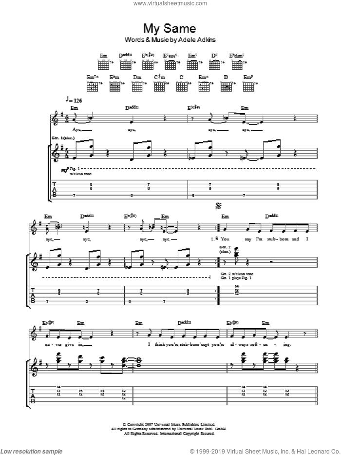 My Same sheet music for guitar (tablature) by Adele and Adele Adkins, intermediate skill level