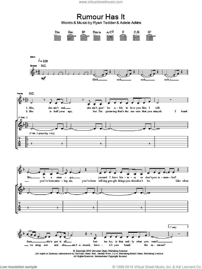 Rumour Has It sheet music for guitar (tablature) by Adele, Adele Adkins and Ryan Tedder, intermediate skill level
