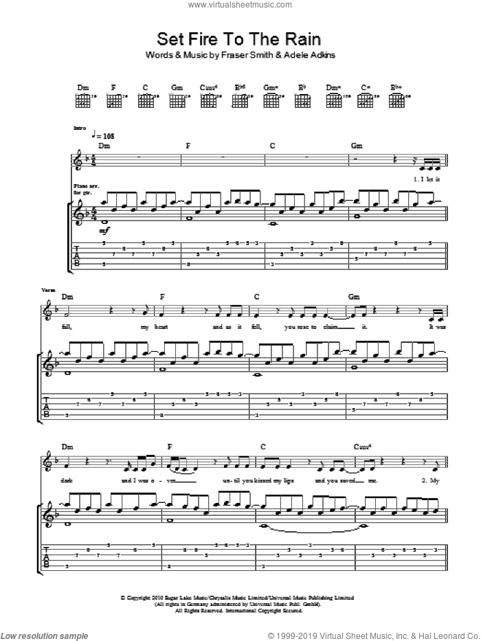 Set Fire To The Rain sheet music for guitar (tablature) by Adele, Adele Adkins and Fraser T. Smith, intermediate skill level