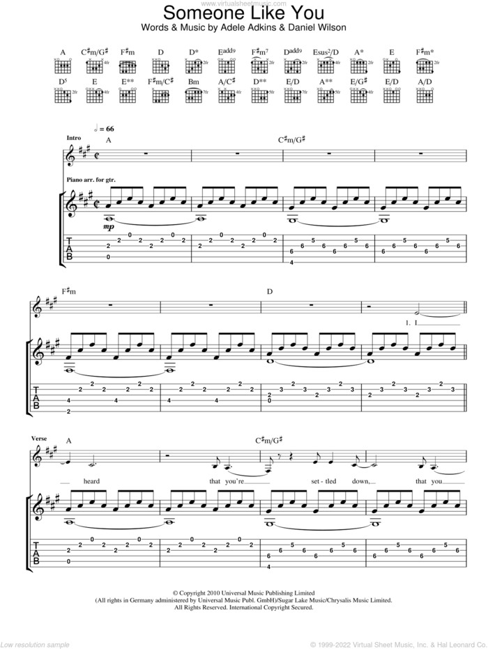 Someone Like You sheet music for guitar (tablature) by Adele, Adele Adkins and Dan Wilson, intermediate skill level