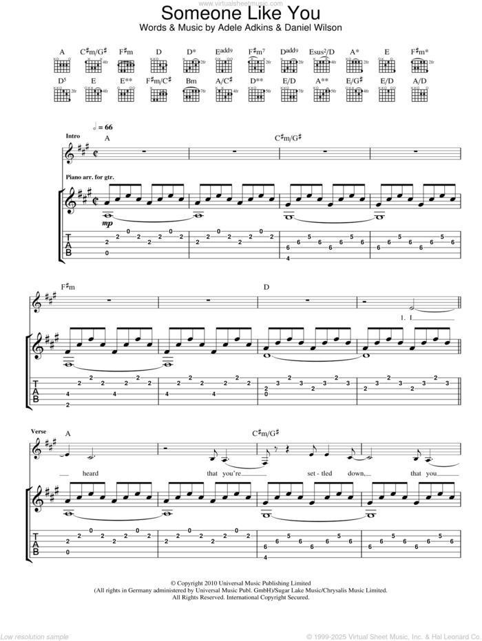 Someone Like You sheet music for guitar (tablature) by Adele, Adele Adkins and Dan Wilson, intermediate skill level