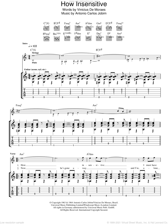 How Insensitive (Insensatez) sheet music for guitar (tablature) by Antonio Carlos Jobim and Vinicius de Moraes, intermediate skill level