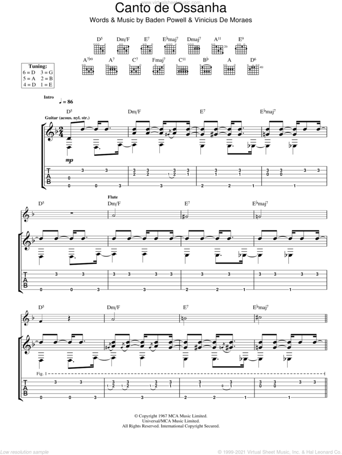 Canto De Ossanha sheet music for guitar (tablature) by Baden Powell and Vinicius de Moraes, intermediate skill level