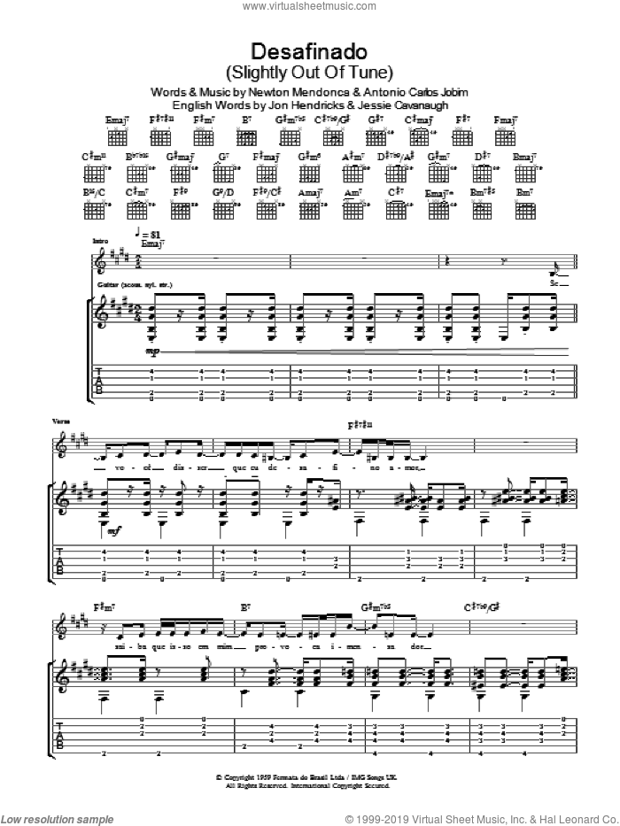 Desafinado (Slightly Out Of Tune) sheet music for guitar (tablature) by Antonio Carlos Jobim, Jessie Cavanaugh, Jon Hendricks and Newton Mendonca, intermediate skill level