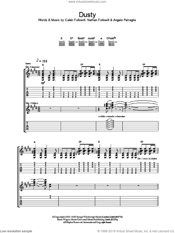 Dusty sheet music for guitar (tablature) by Kings Of Leon, Angelo Petraglia, Caleb Followill and Nathan Followill, intermediate skill level