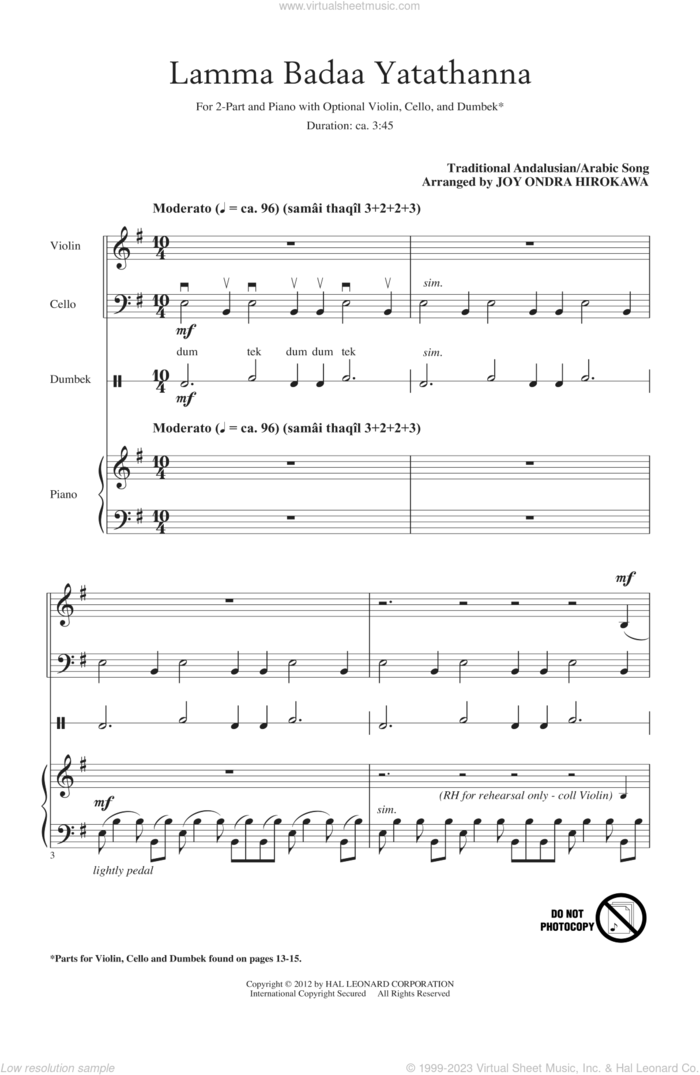 Lamma Badaa Yatathanna sheet music for choir (2-Part) by Joy Ondra Hirokawa, intermediate duet