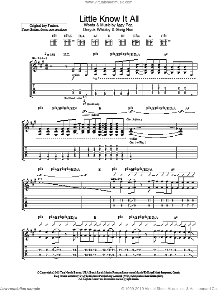 Little Know It All sheet music for guitar (tablature) by Iggy Pop & Sum 41, Sum 41, Deryck Whibley, Greig Nori and Iggy Pop, intermediate skill level