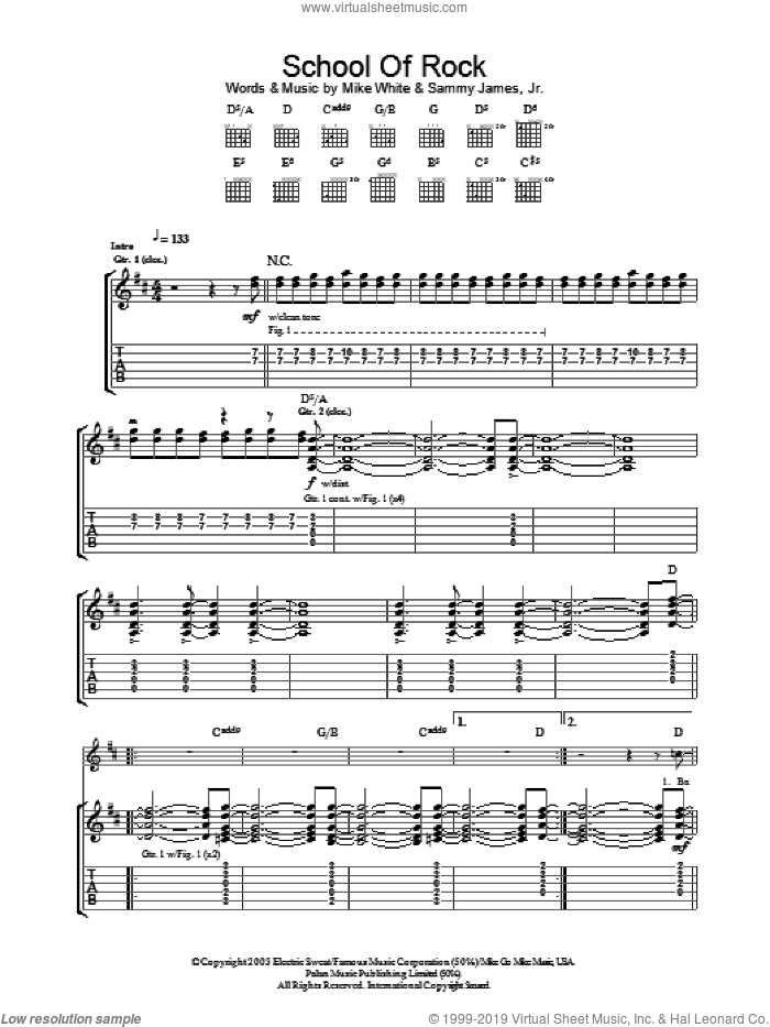 School Of Rock (from School of Rock: The Musical) sheet music for guitar (tablature) by Jack Black, Mike White, Mike White and Samuel Buonaugurio, Sammy James Jr. and Samuel Buonaugurio, intermediate skill level