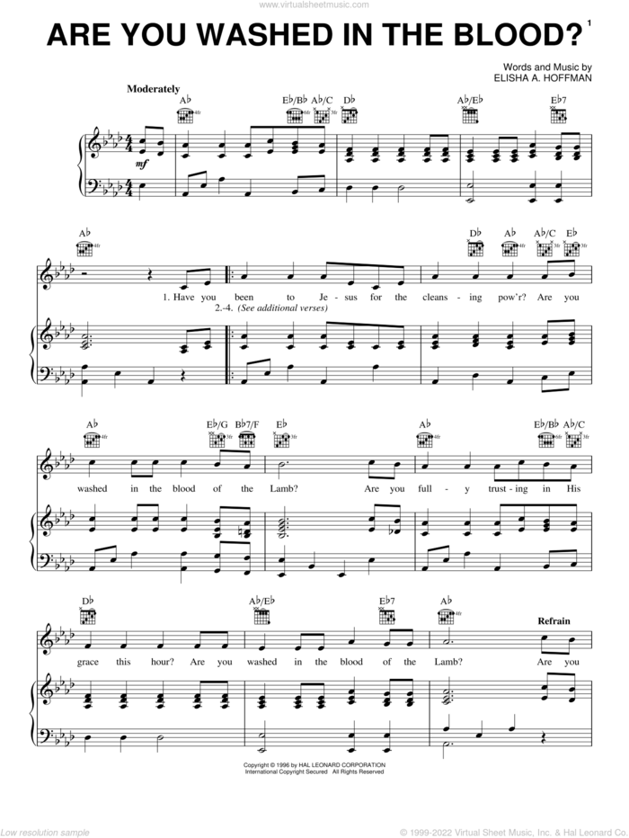 Are You Washed In The Blood? sheet music for voice, piano or guitar by Elisha A. Hoffman, intermediate skill level
