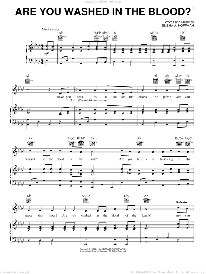 Are You Washed In The Blood? sheet music for voice, piano or guitar by Elisha A. Hoffman, intermediate skill level