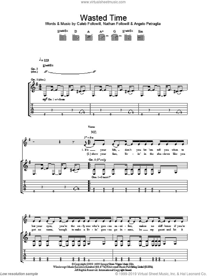 Wasted Time sheet music for guitar (tablature) by Kings Of Leon, Angelo Petraglia, Caleb Followill and Nathan Followill, intermediate skill level