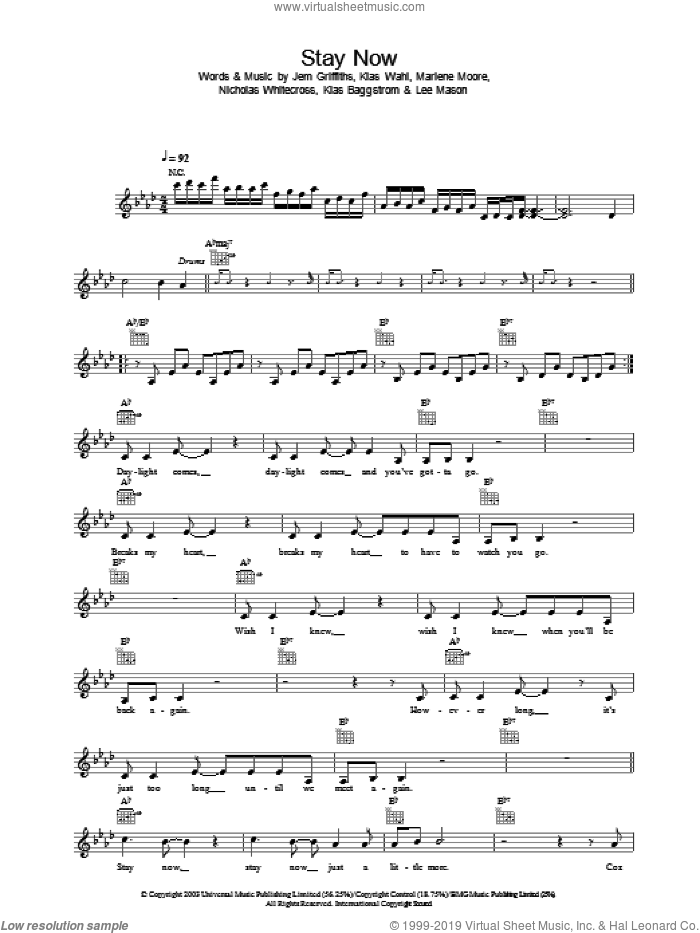 Stay Now sheet music for voice and other instruments (fake book) by Jem, Jem Griffiths, Klas Baggstrom, Klas Wahl, Lee Mason, Marlene Moore and Nicholas Whitecross, intermediate skill level