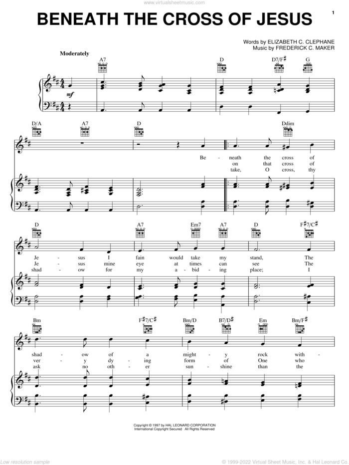 Beneath The Cross Of Jesus sheet music for voice, piano or guitar by Elizabeth Cecilia Dou Clephane and Frederick Charles Maker, intermediate skill level