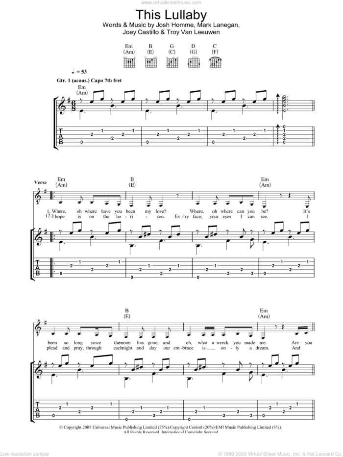 This Lullaby sheet music for guitar (tablature) by Queens Of The Stone Age, Joey Castillo, Josh Homme, Mark Lanegan and Troy Van Leeuwen, intermediate skill level
