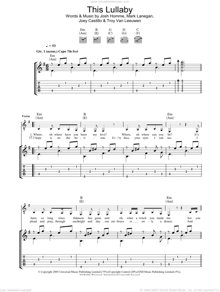 This Lullaby sheet music for guitar (tablature) by Queens Of The Stone Age, Joey Castillo, Josh Homme, Mark Lanegan and Troy Van Leeuwen, intermediate skill level