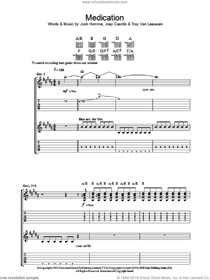Medication sheet music for guitar (tablature) by Queens Of The Stone Age, Joey Castillo, Josh Homme, Mark Lanegan and Troy Van Leeuwen, intermediate skill level