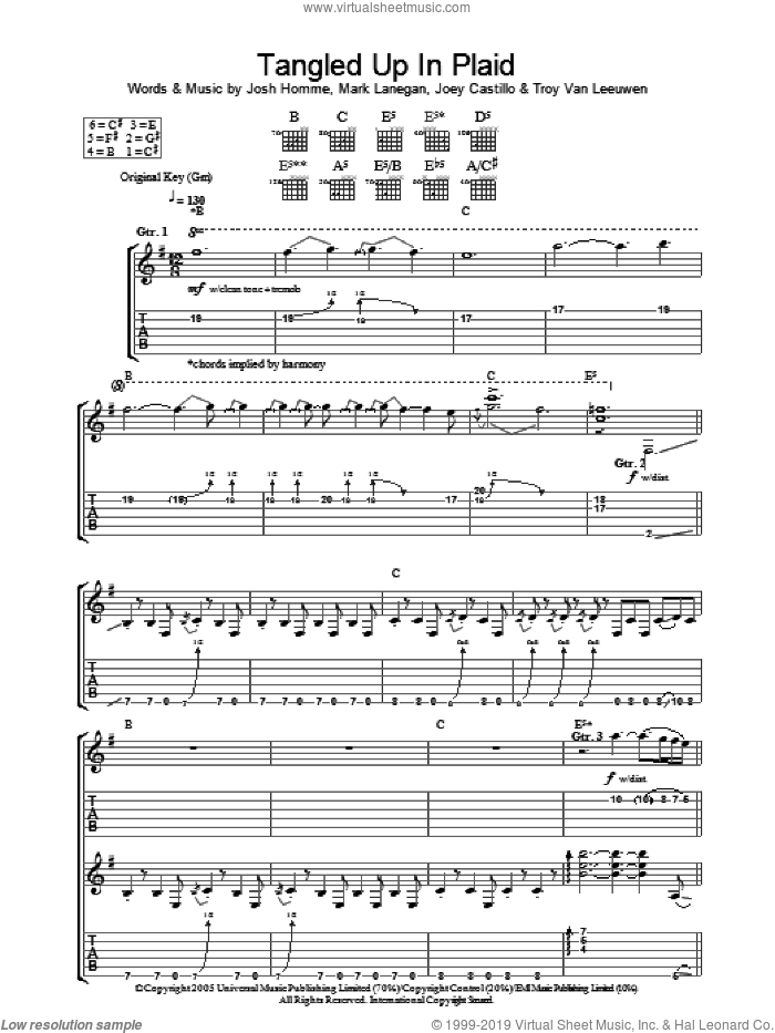 Tangled Up In Plaid sheet music for guitar (tablature) by Queens Of The Stone Age, Joey Castillo, Josh Homme, Mark Lanegan and Troy Van Leeuwen, intermediate skill level