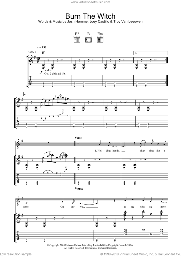 Burn The Witch sheet music for guitar (tablature) by Queens Of The Stone Age, Joey Castillo, Josh Homme and Troy Van Leeuwen, intermediate skill level