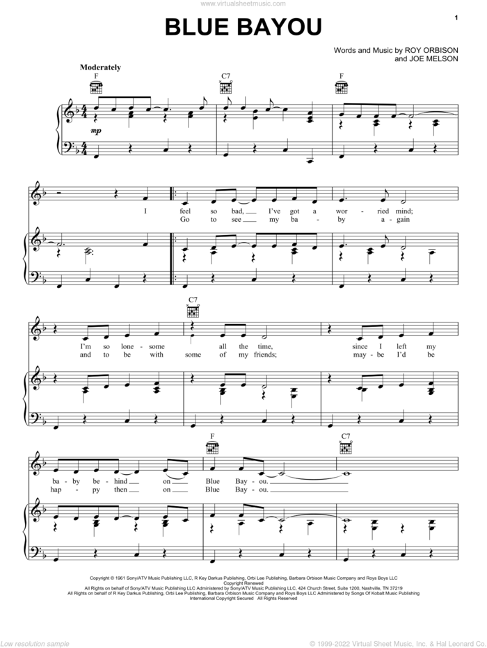 Blue Bayou sheet music for voice, piano or guitar by Linda Ronstadt, Joe Melson and Roy Orbison, intermediate skill level