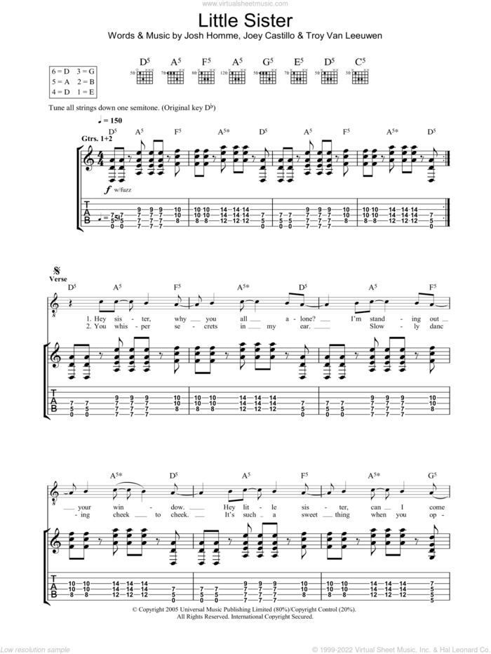 Little Sister sheet music for guitar (tablature) by Queens Of The Stone Age, Joey Castillo, Josh Homme and Troy Van Leeuwen, intermediate skill level