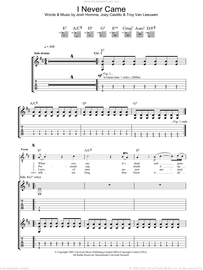 I Never Came sheet music for guitar (tablature) by Queens Of The Stone Age, Joey Castillo, Josh Homme and Troy Van Leeuwen, intermediate skill level