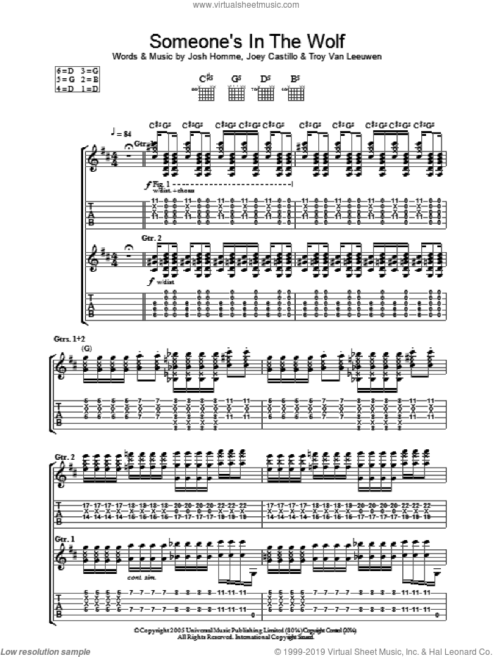 Someone's In The Wolf sheet music for guitar (tablature) by Queens Of The Stone Age, Joey Castillo, Josh Homme and Troy Van Leeuwen, intermediate skill level