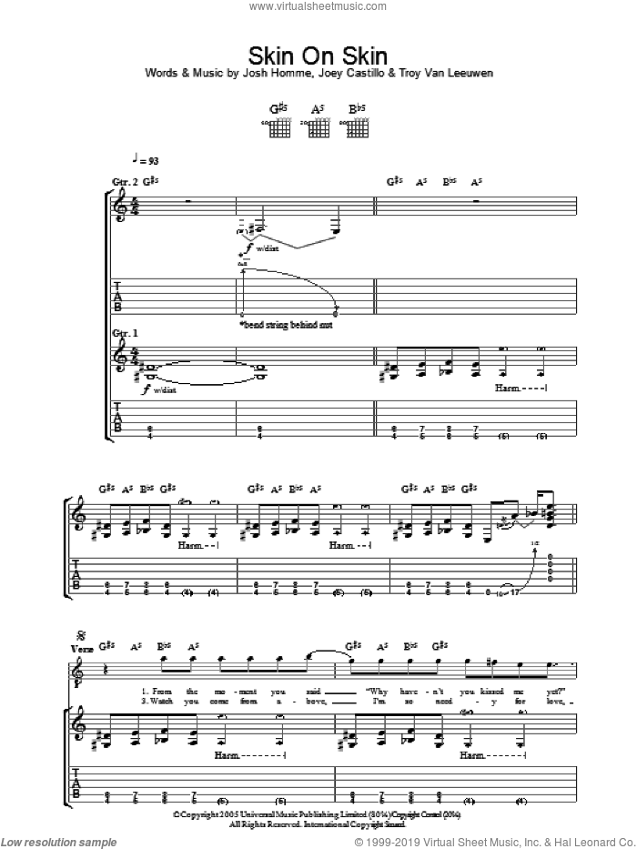 Skin On Skin sheet music for guitar (tablature) by Queens Of The Stone Age, Joey Castillo, Josh Homme and Troy Van Leeuwen, intermediate skill level