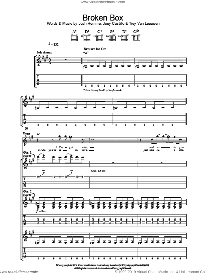 Broken Box sheet music for guitar (tablature) by Queens Of The Stone Age, Joey Castillo, Josh Homme and Troy Van Leeuwen, intermediate skill level