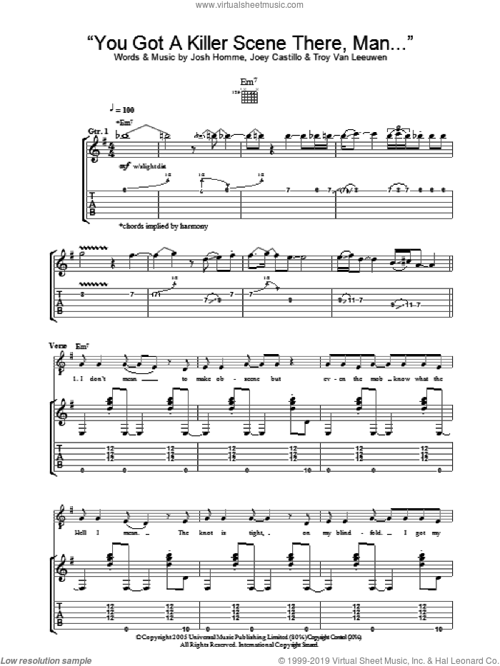 You Got A Killer Scene There, Man sheet music for guitar (tablature) by Queens Of The Stone Age, Joey Castillo, Josh Homme and Troy Van Leeuwen, intermediate skill level