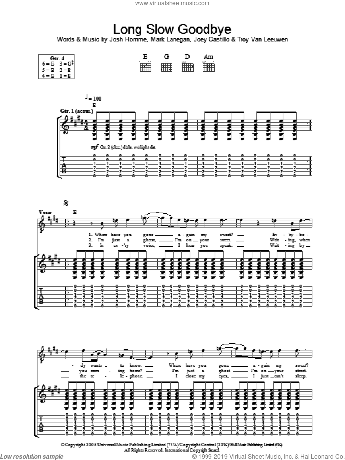 Long Slow Goodbye sheet music for guitar (tablature) by Queens Of The Stone Age, Joey Castillo, Josh Homme, Mark Lanegan and Troy Van Leeuwen, intermediate skill level