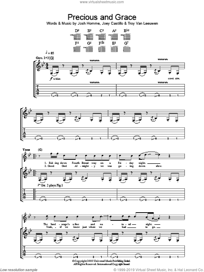 Precious And Grace sheet music for guitar (tablature) by Queens Of The Stone Age, Joey Castillo, Josh Homme and Troy Van Leeuwen, intermediate skill level