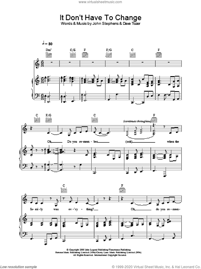 It Don't Have To Change sheet music for voice, piano or guitar by John Legend, Dave Tozer and John Stephens, intermediate skill level