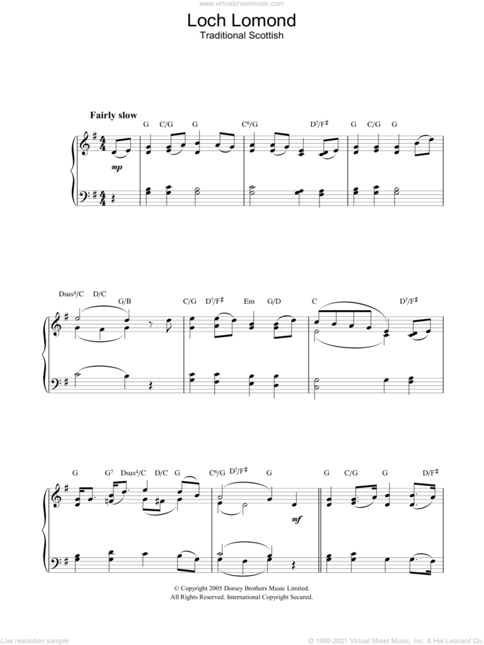 Loch Lomond sheet music for piano solo, intermediate skill level