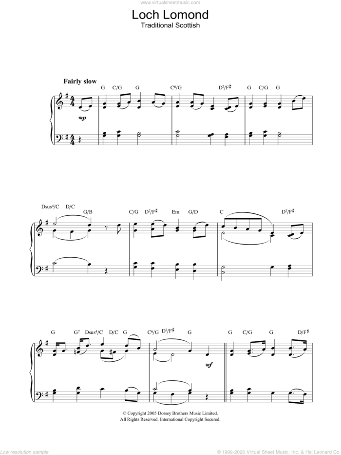 Loch Lomond sheet music for piano solo, intermediate skill level